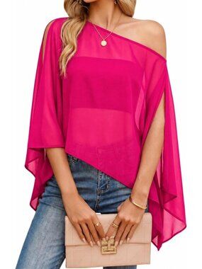 Women's Rose Red Off Shoulder Chiffon Batwing Slit Sleeve Sheer Loose Blouse